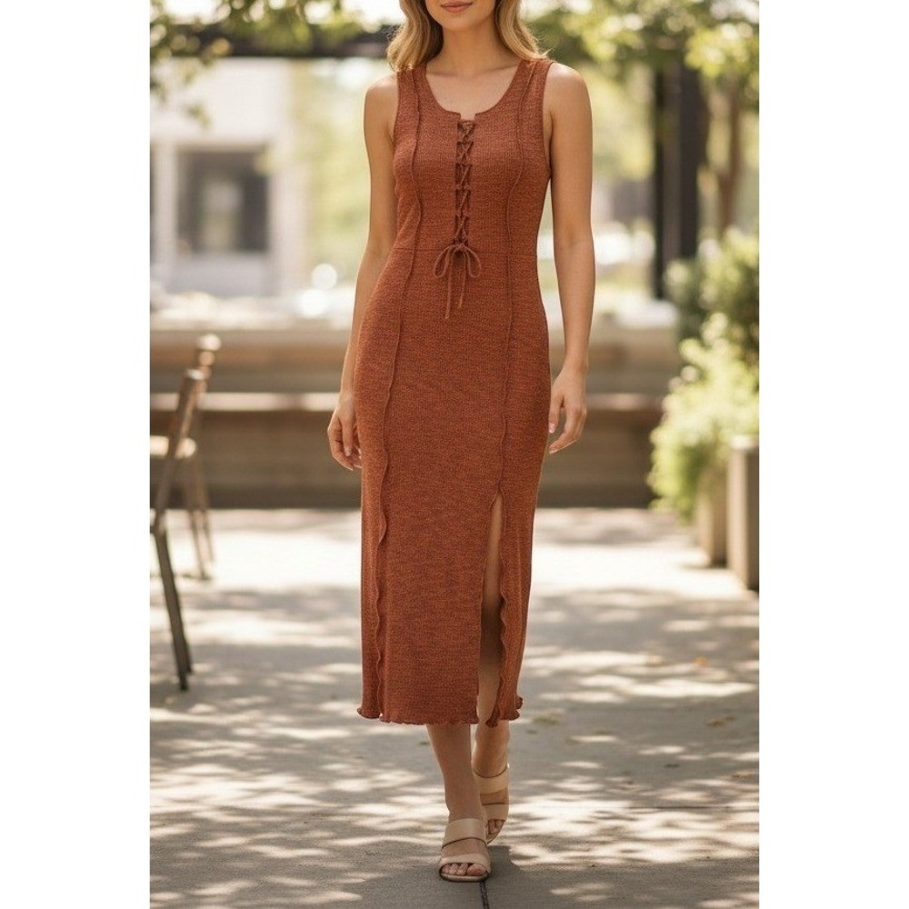 Wildβ Fable Y2K Indie Lace Up Lettuce Trim Ribbed Fitted Dress Size S Rust Boho